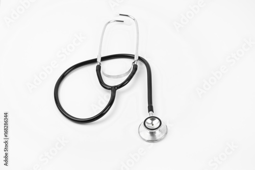 Close up view of black stethoscope on white isolate background