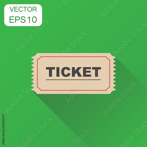 Ticket icon. Business concept admit one ticket pictogram. Vector illustration on green background with long shadow.