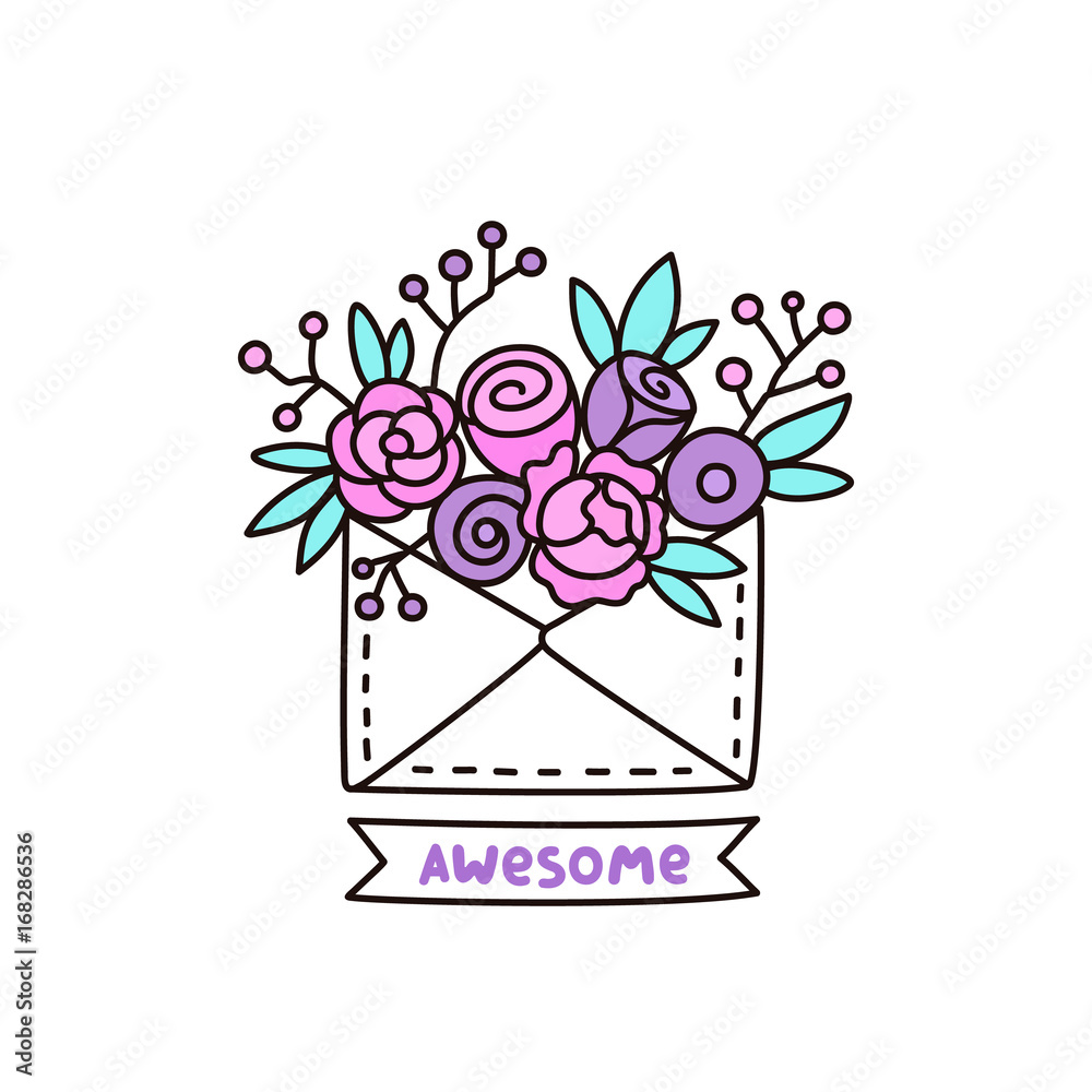 Obraz premium Cute envelope with flowers on a white background. And a ribbon with an inscription: awesome. It can be used for card, sticker, patch, phone case, poster, t-shirt, mug etc.