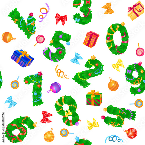 Seamless pattern from numbers like fir / Pattern from numbers like fir, Christmas toys, and gift boxes on white background
