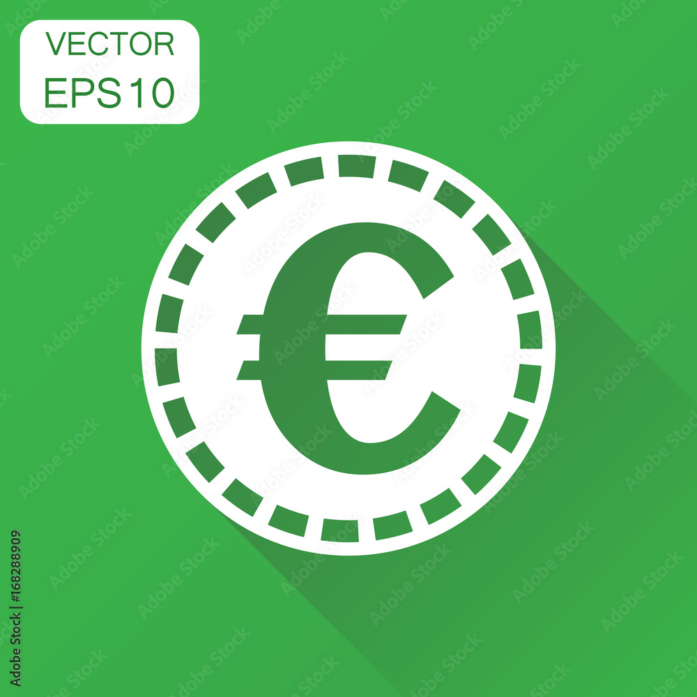 Money coin euro icon. Business concept coins pictogram. Vector illustration on green background with long shadow. Money coin euro icon. Business concept coins pictogram. Vector illustration on green background with long shadow.