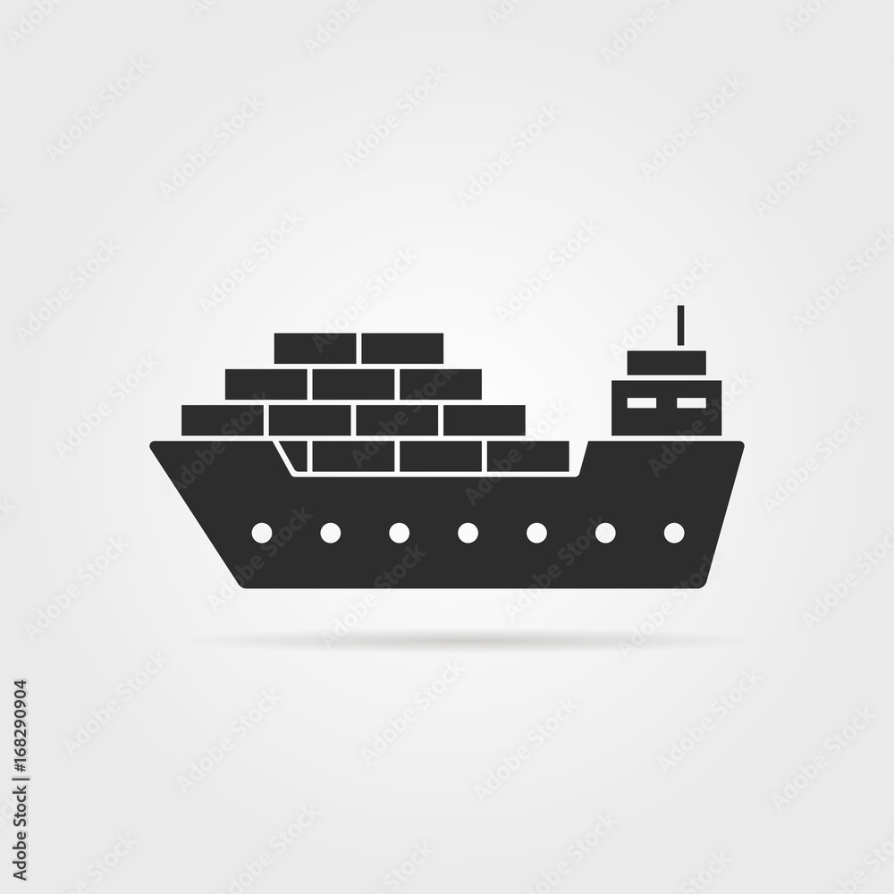 black cargo ship icon with shadow