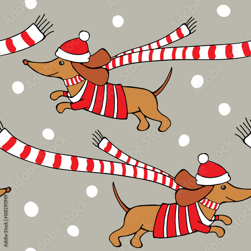 Romantic Christmas Seamless pattern with cartoon picture of a dog Dachshund in red jersey, scarf, Santa hat on gray snowflakes background. Vector illustration.