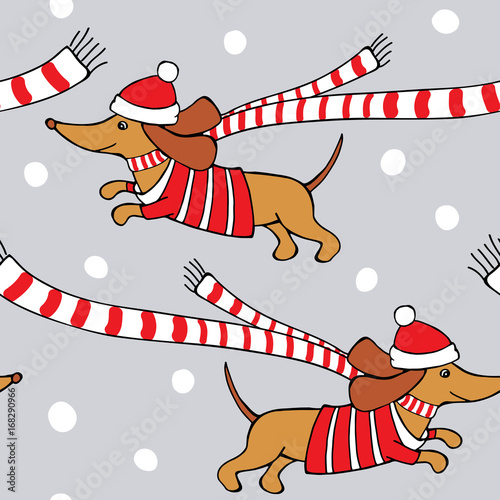 Romantic Christmas Seamless pattern with cartoon picture of a dog Dachshund in red jersey, scarf, Santa hat on gray snowflakes background. Vector illustration.