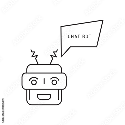 chatbot and speech bubble outline concept of app, media soft dialogue script, Robot outline icon style graphic logotype design isolated on white background