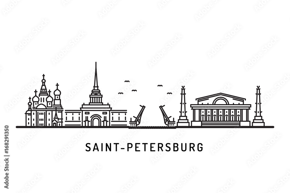 Saint Petersburg, Russia detailed skyline landmarks. Travel and tourism background. Vector illustration architectural landmarks