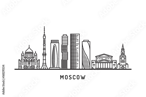 Panorama of Moscow in a linear fashion with the image of the architectural attractions of the city. Modern city skyline  vector panorama with soviet buildings