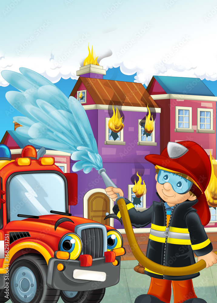 cartoon illustration with fire fighter and car at work putting out the fire  Stock Illustration | Adobe Stock