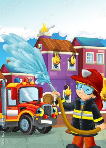 cartoon illustration with fire fighter and car at work putting out the fire © honeyflavour