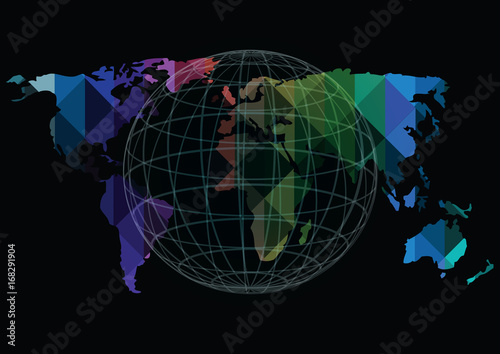 bright low polygons vector world map and 3d globe icon isolated on black background