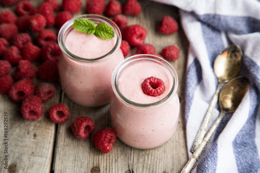 Yogurt smoothie with raspberries. Berry smoothie. healthy dieting concept Yogurt smoothie with raspberries. Berry smoothie. healthy dieting concept