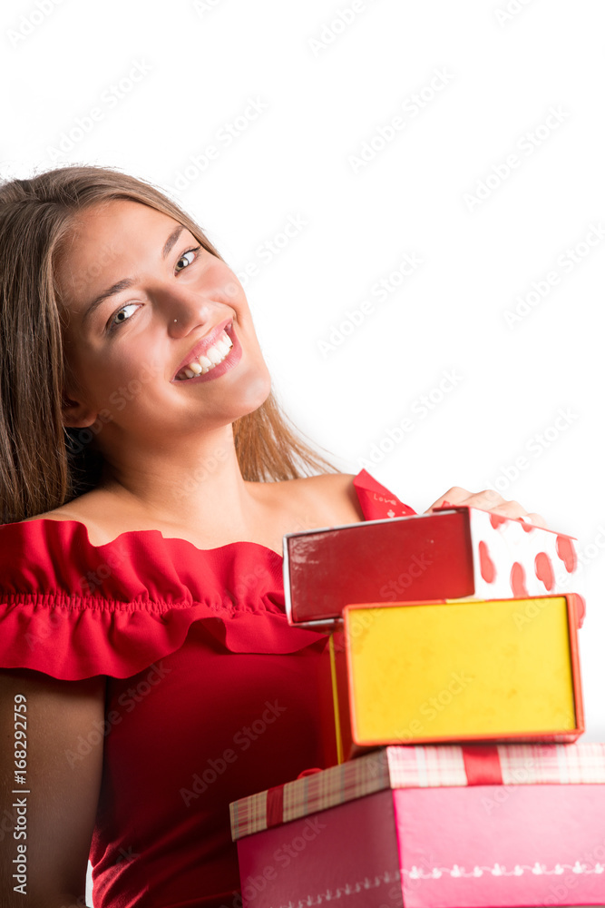 Young smiling model hold gift box. Young smiling model hold gift box.