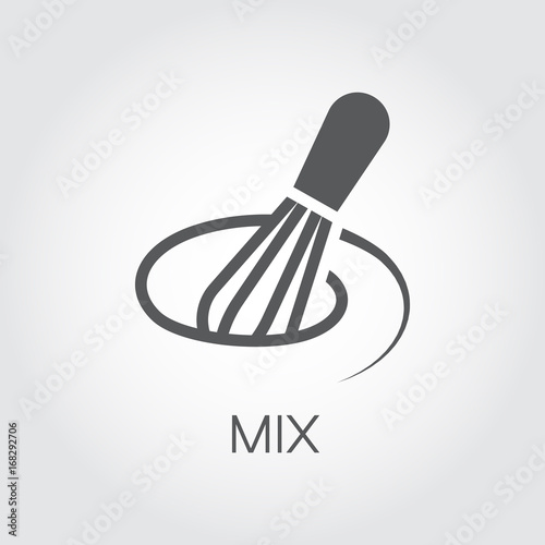 Black flat icon of whisk kitchen utensil. Egg beater graphic emblem on a gray background. Culinary symbol. Vector illustration