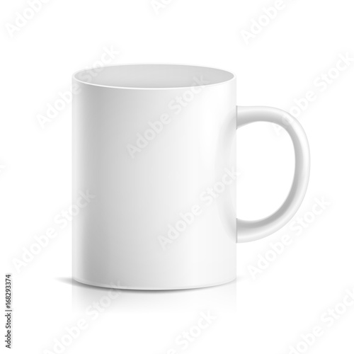 White Mug Vector. 3D Realistic Ceramic Or Plastic Cup Isolated On White Background. Classic Cafe Cup Mock Up With Handle Illustration. Good For Business Branding, Corporate Identity