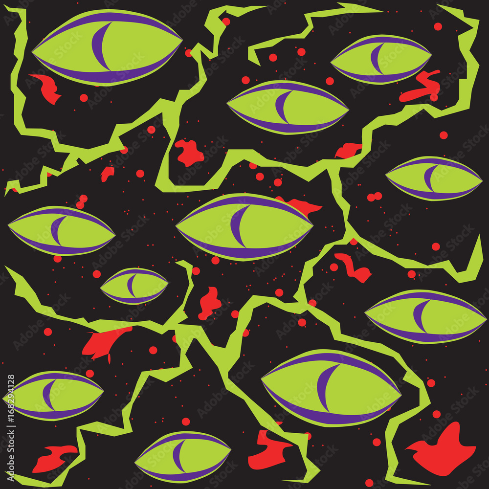 Abstract green scary monster eyes on a black background with blood and lightning pattern Abstract green scary monster eyes on a black background with blood and lightning pattern