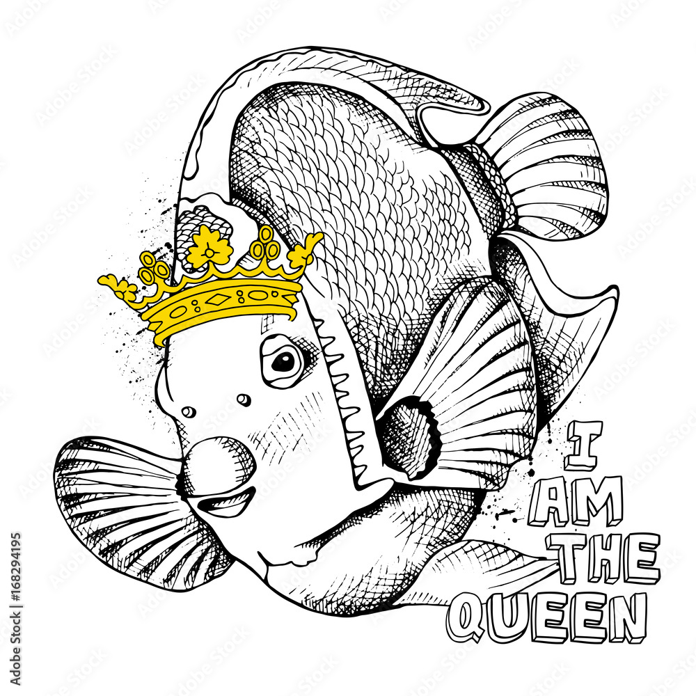 The image of the fish Queen Angelfish with the crown. Vector