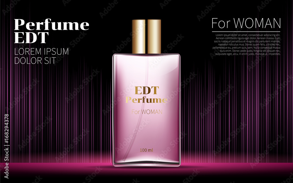Woman Glamour Pink Bottle Perfume Contained in Square Glass Poster Ads Mock up Shine Glowing Line Black Background. Excellent Advertising. Cosmetic Package Design Product. 3D Vector Illustration