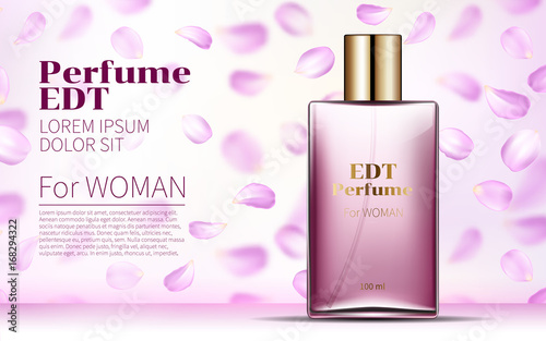 Woman Glamour Rose water spray bottle Pink Perfume Contained in Square Glass Mock up with Falling petals Flowers Background. Excellent Advertising. Cosmetic Design Product. 3D Vector Illustration