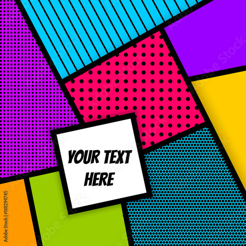 Cartoon funny vintage strip mock up. Vector geometric halftone illustration. Blank rectangle Lichtenstein, comic advertise text, speech bubble. Pop art comics book magazine cover template.