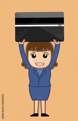 Cartoon Saleswoman Presenting Credit Card