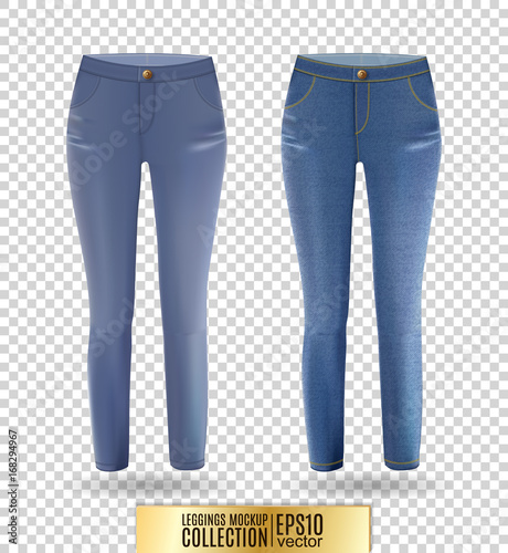 Blank leggings mockup set, blue and denim on transparent background. Clear leggins template. Cloth pants design presentation. Sport pantaloons stretch tights model wearing.