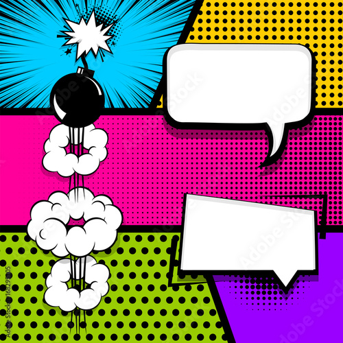 Vector halftone illustration. Blank humor graphic. Pop art comics book magazine cover template. Cartoon funny vintage strip comic superhero text, speech bubble, balloon, box message, burst bomb.