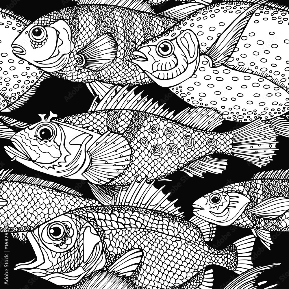 Seamless pattern with images of fish. Vector black and white ...