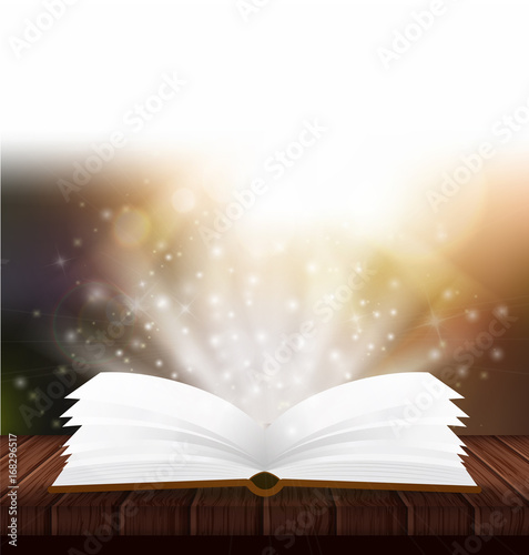 Vector open magic book. Magic poster with book and bright light