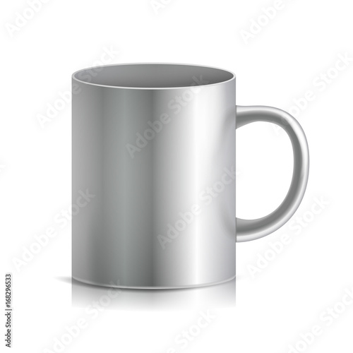 Metal Cup, Mug Vector. 3D Realistic Metallic Chrome, Silver Cup Isolated On White Background. Classic Mug With Handle Illustration. For Business Branding