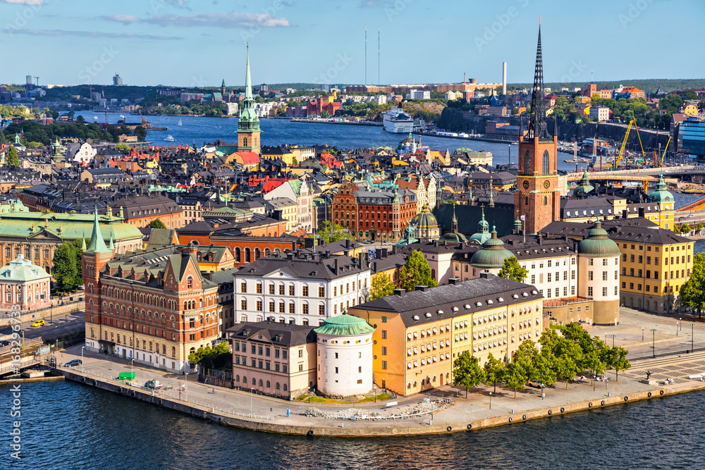 Obraz premium Old Town (Gamla Stan) of Stockholm, Sweden. Aerial view on city skyline on Riddarholmen island 