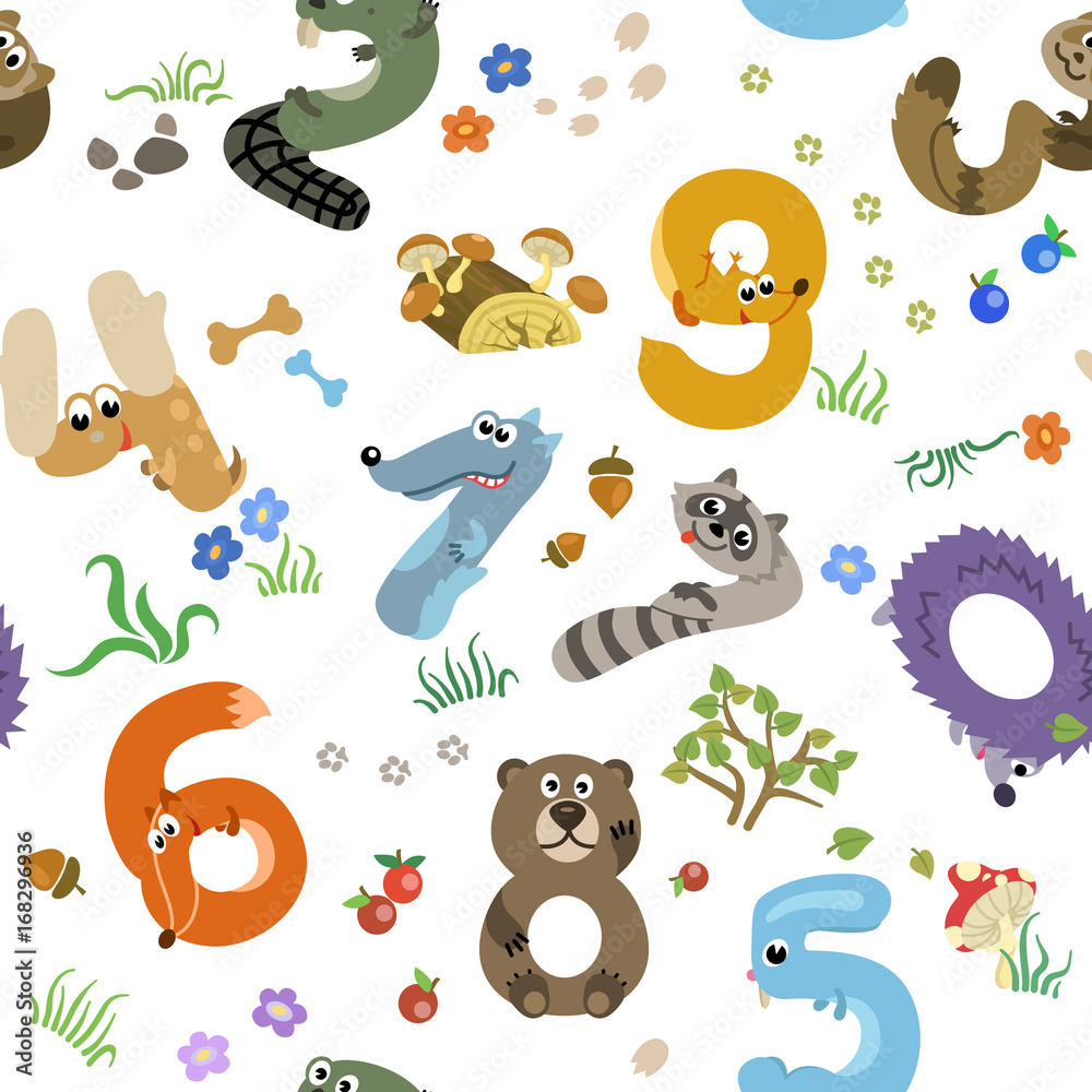 Numbers like European Forest Animals seamless pattern