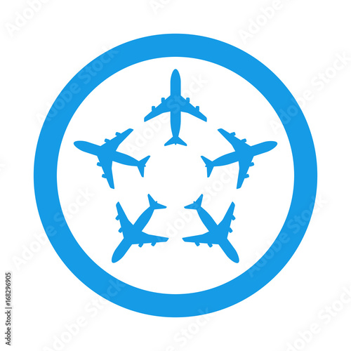 Icono plano cinco aviones en circulo color azul