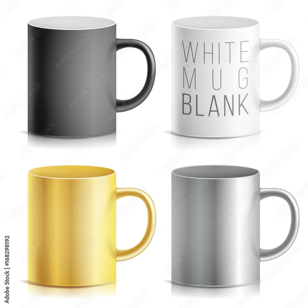Realistic Cup, Mug Set Vector. White, Black, Silver, Chrome, Golden Cup Isolated On White Background. Classic Mug Template With Handle Illustration. For Business Branding Realistic Cup, Mug Set Vector. White, Black, Silver, Chrome, Golden Cup Isolated On White Background. Classic Mug Template With Handle Illustration. For Business Branding
