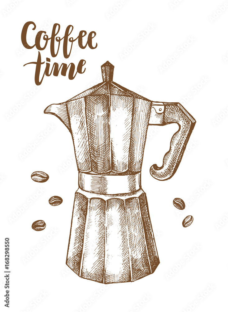 Traditional Italian coffee maker and coffee beans. Old-fashioned Moka pot.  Vector ink hand drawn illustration. Engraved style. Stock Vector | Adobe  Stock