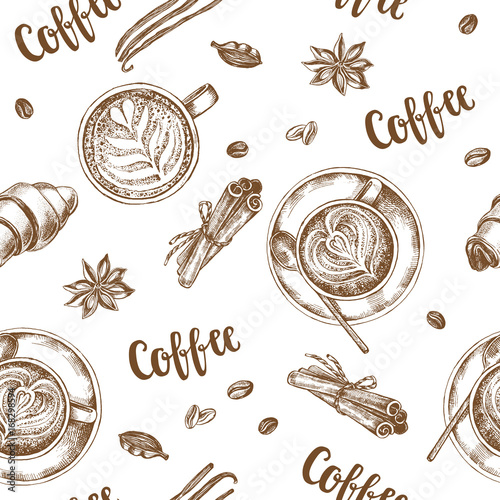 Decorative seamless pattern with ink hand-drawn Cups of cappuccino, spices and croissants. Coffee elements texture with brush calligraphy style lettering. Vector illustration.