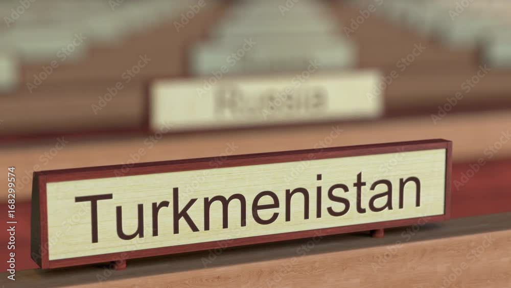 Turkmenistan name sign among different countries plaques at international organization. 3D rendering Turkmenistan name sign among different countries plaques at international organization. 3D rendering