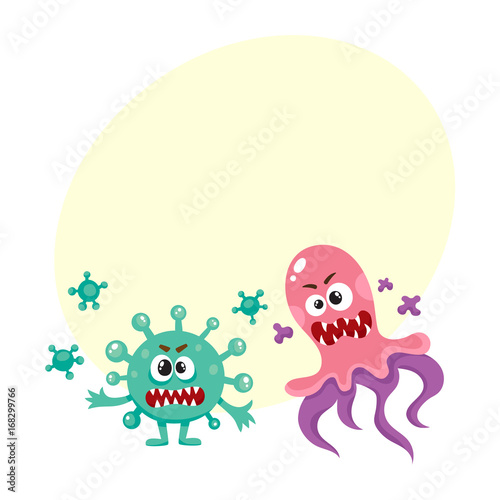 Set of ugly virus, germ and bacteria characters, cartoon vector illustration with space for text. Collection of ugly, scary bacteria, virus, germ monsters with human faces and sharp teeth