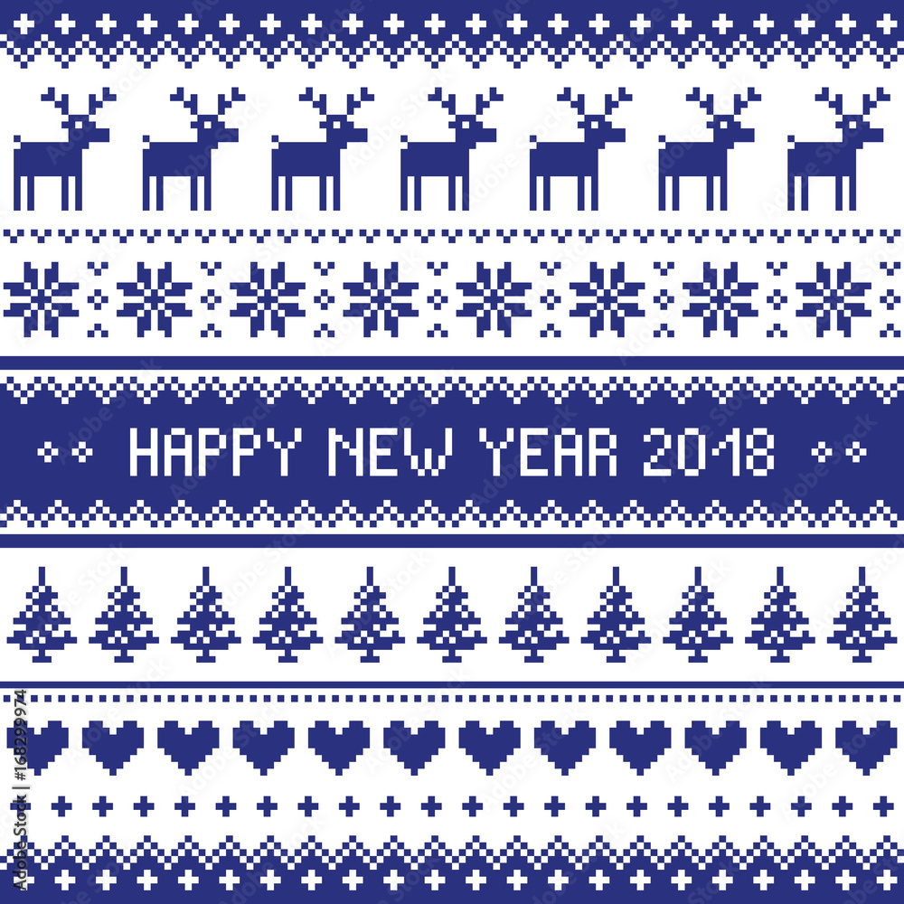 Happy New Year 2018 - Scandinavian cross stitch pattern - ugly Christmas pattern style Happy New Year 2018 - Scandinavian cross stitch pattern - ugly Christmas pattern style