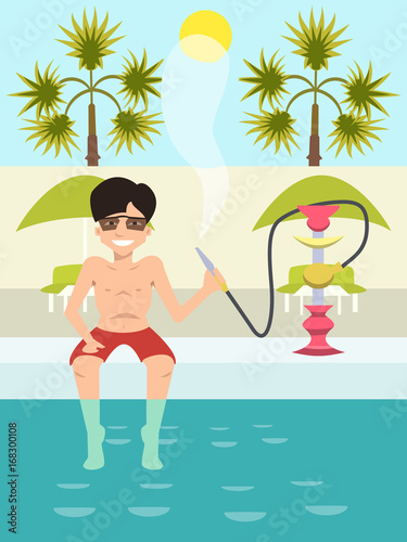 guy sitting by the pool with nargile cartoon