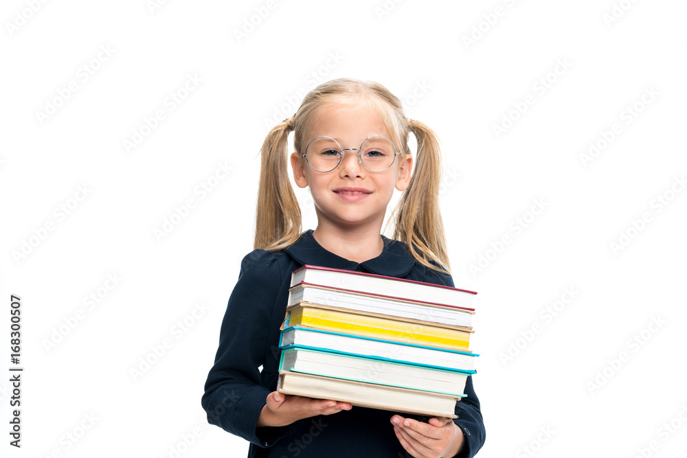 schoolgirl with stack of books