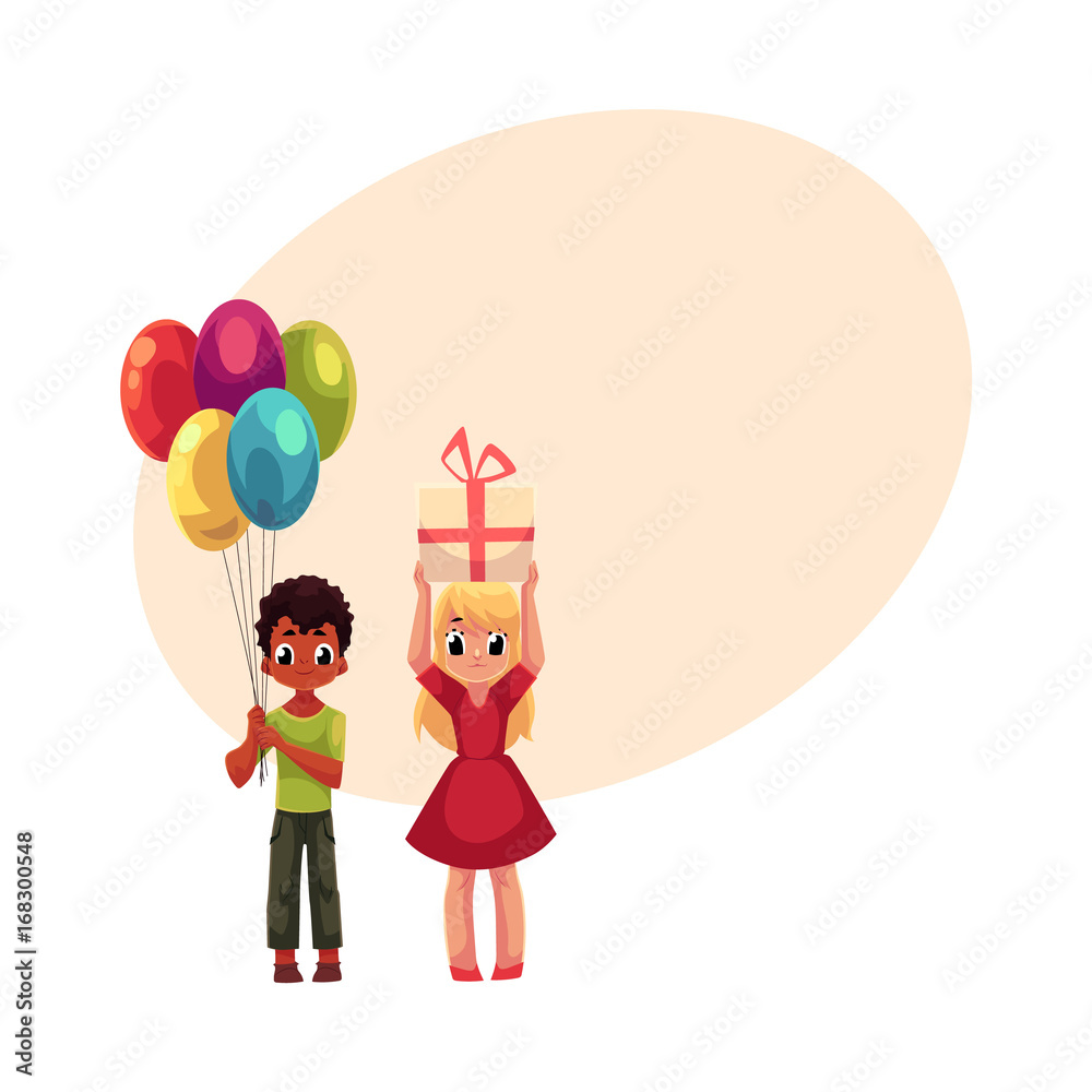 Black boy with bunch of balloons and blond girl holding birthday gift, cartoon vector illustration with space for text. Two kids, boy and girl, celebrating birthday, holding balloons and gift Black boy with bunch of balloons and blond girl holding birthday gift, cartoon vector illustration with space for text. Two kids, boy and girl, celebrating birthday, holding balloons and gift
