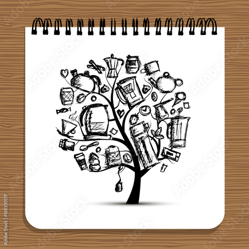 Notebook design, kitchen utensils tree