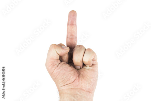 Point of view shot of a caucasion hand giving the middle finger