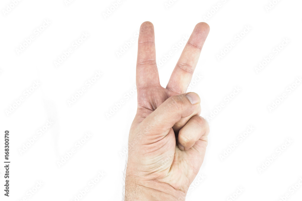 White caucasian male holding up two fingers White caucasian male holding up two fingers