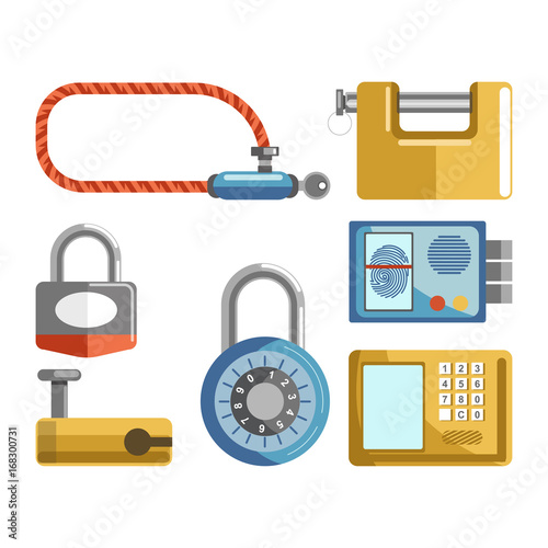 Door locks different types, padlock latches or electonic keys vector flat icons