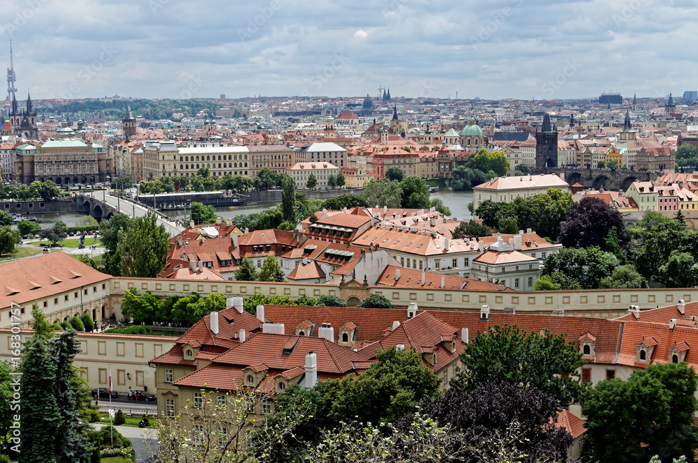 Czech Republic, bird's-eye view on buildings and red roofs.