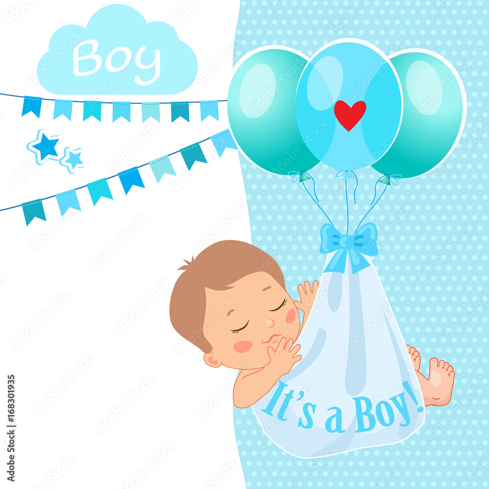 Baby Boy Shower Card Vector Illustration. "It's A Boy". Kids Invitation Card  Design With Little Sleep Baby Boy And Balloon. Stock Vector | Adobe Stock