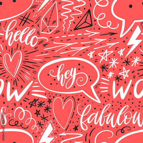 Calligraphy hand lettering seamless pattern. Positive signs, star, heart, speech bubbles, geometric forms. Perfect for print, textile, t-shirts, phone cases. Modern surface design. Vector illustration