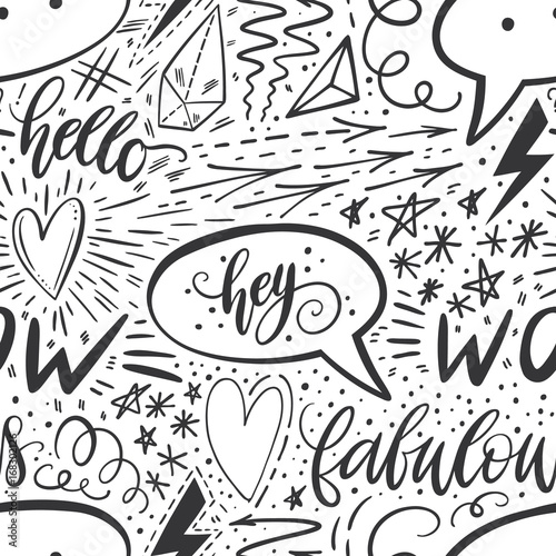Calligraphy hand lettering seamless pattern. Positive signs, star, heart, speech bubbles, geometric forms. Perfect for print, textile, t-shirts, phone cases. Modern surface design. Vector illustration