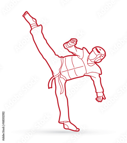 Taekwondo high kick action with guard equipment outline graphic vector.